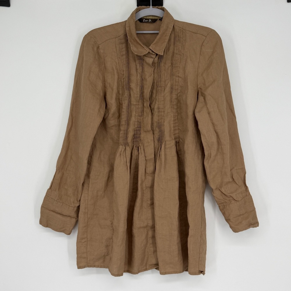 Victorian Prairie 100% Linen Blouse M Brown Pleated‎ Pintuck Button Romantic